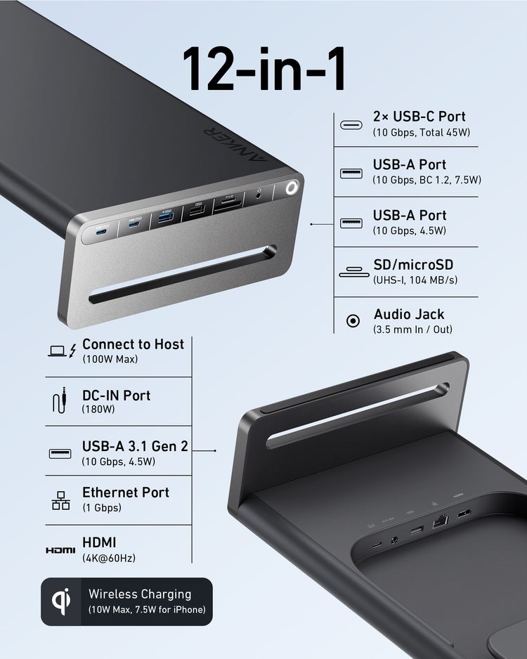 Black Anker 675 USB-C Docking Station ((12-in-1, Monitor Stand, Wireless) Hubs and Docks | NC059115V3