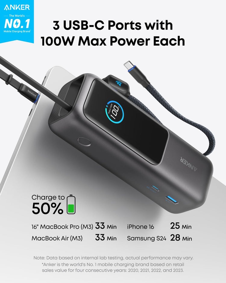 Black Anker Laptop Power Bank ((25K, 165W, Built-In and Retractable Cables) Power Banks | LA795999U9