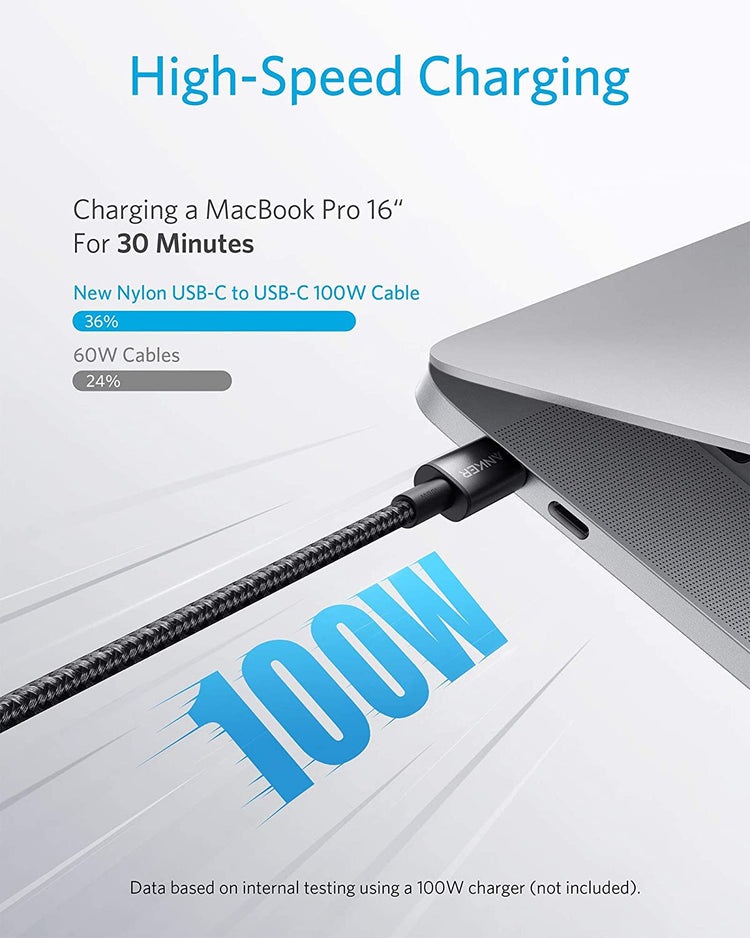 Black Anker New Nylon USB-C to USB-C 100W Cable ((10 ft) Cables | FA939143L2