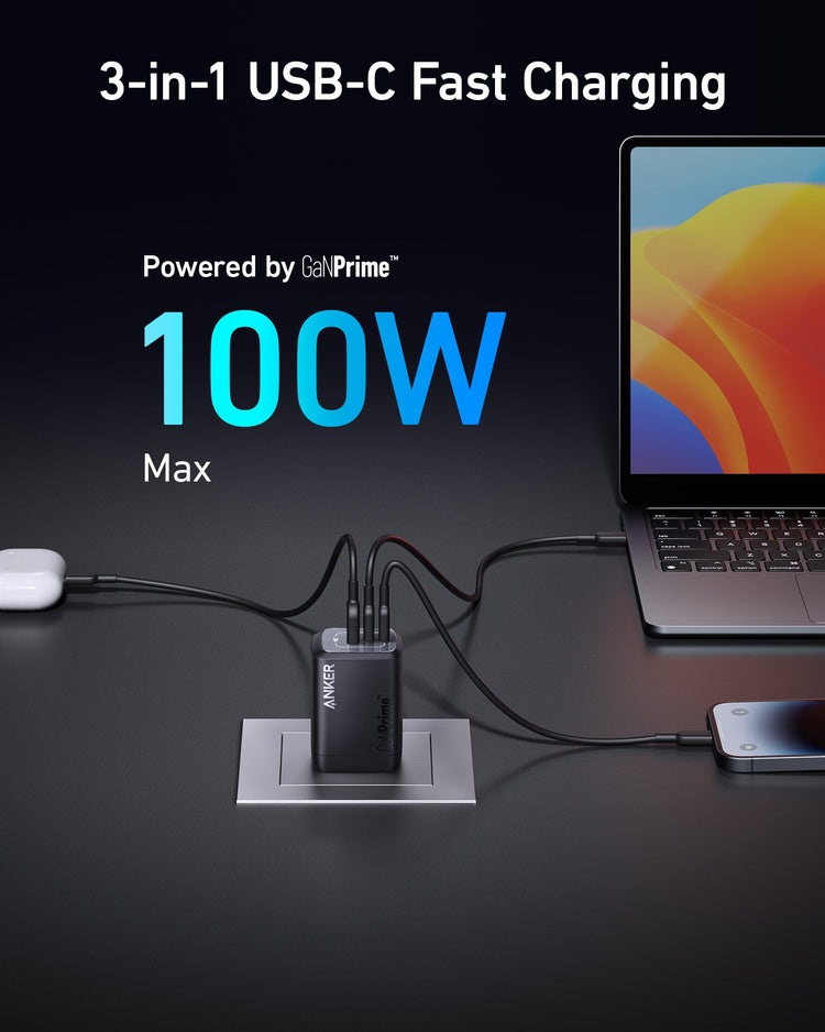 Black Anker Prime 100W GaN Wall Charger ((3 Ports) Chargers | MJ105160W3