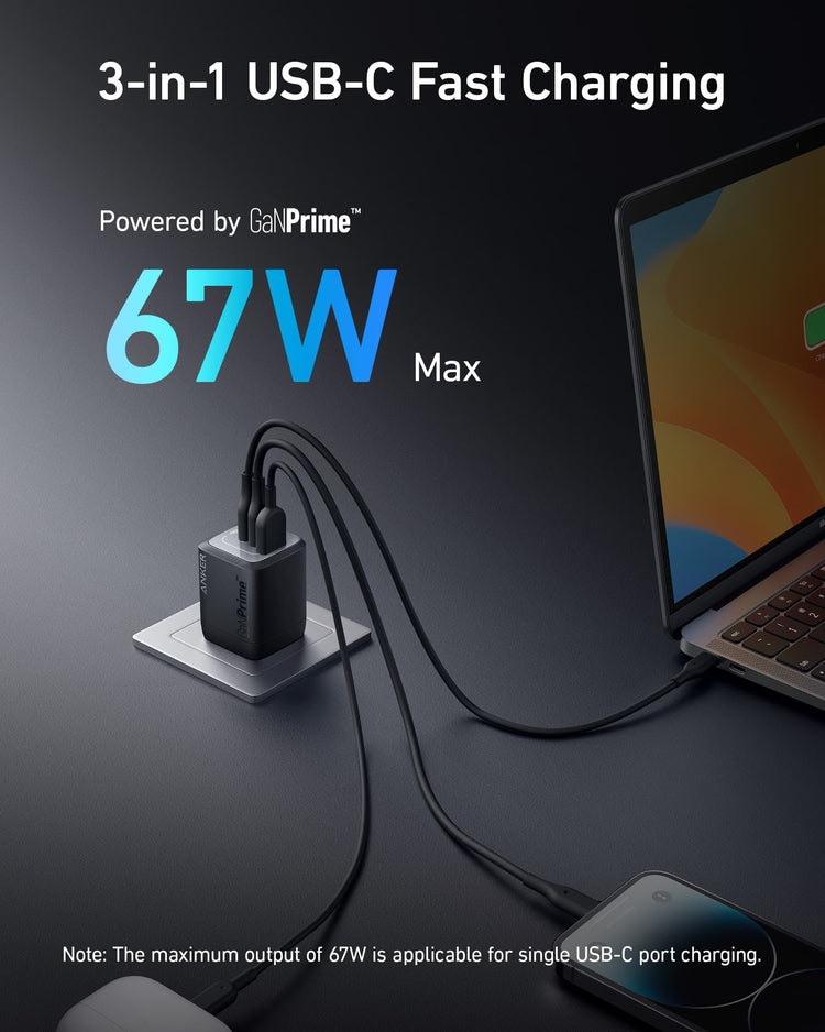Black Anker Prime 67W GaN Wall Charger ((3 Ports) Chargers | NH090559G7