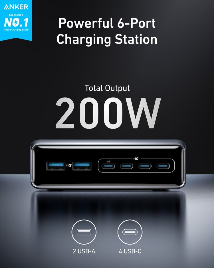 Black Anker Prime Charger ((200W, 6 Ports, GaN) Chargers | WA553245Y2