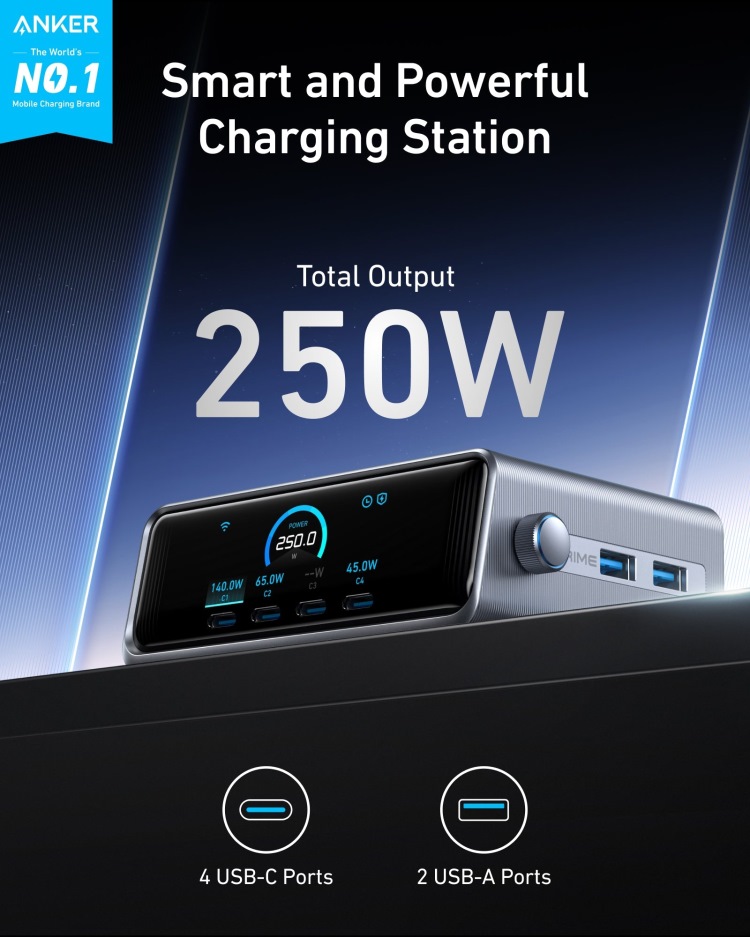 Black Anker Prime Charger ((250W, 6 Ports, GaNPrime) Chargers | WY086048P7