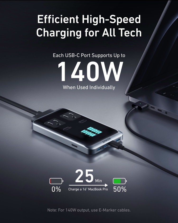 Black Anker Prime Charging Station ((8-in-1, 240W) and USB-C to USB-C Cable ((3 ft / 6 ft, 240W) AC Power | YL230913L9