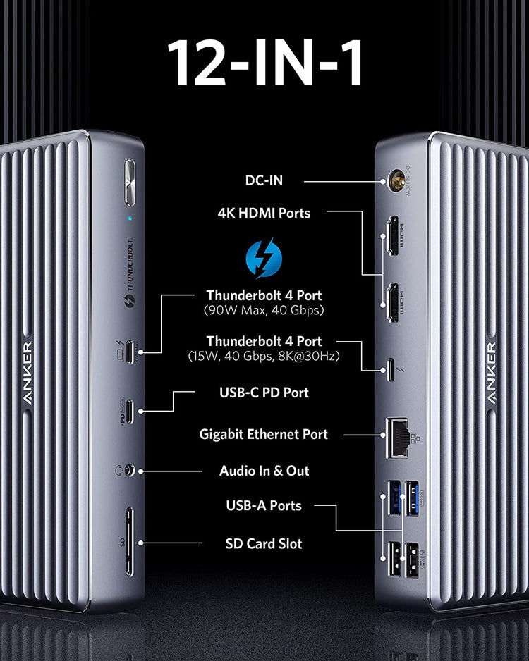 Grey Anker 777 Thunderbolt Docking Station ((Apex, 12-in-1, Thunderbolt 4) Hubs and Docks | KJ873487Y3