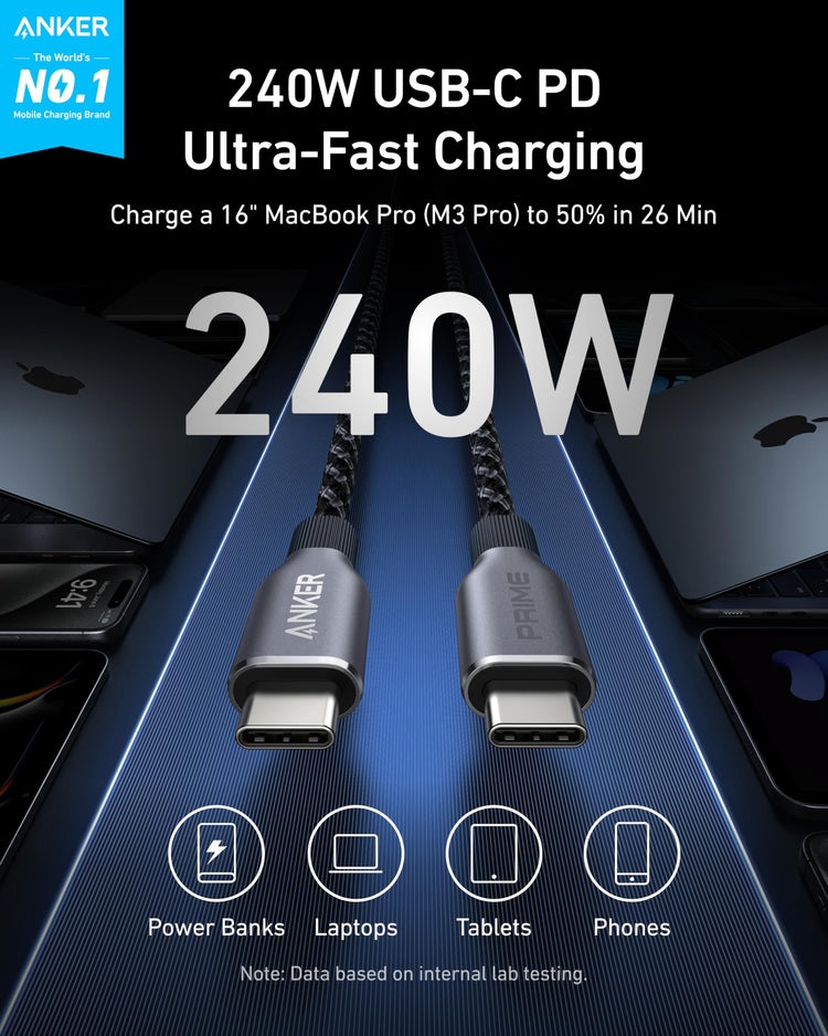 Grey Anker Prime USB-C to USB-C Cable ((240W, Upcycled-Braided) Cables | NQ115111L9
