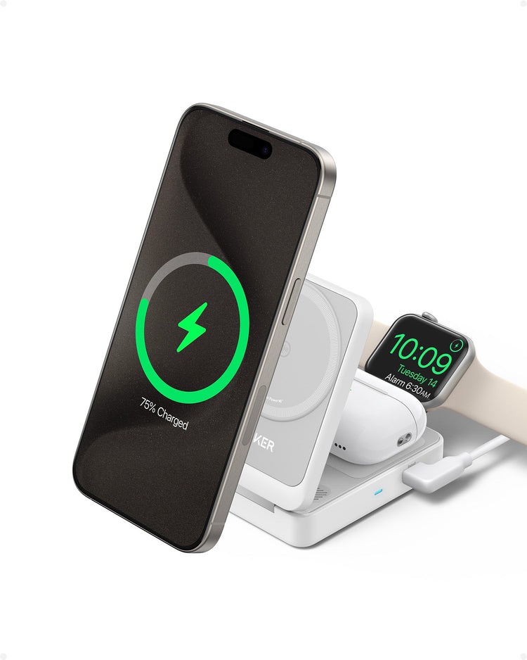 White Anker MagGo Wireless Charging Station ((Foldable 3-in-1) Wireless Chargers | LM251085K2
